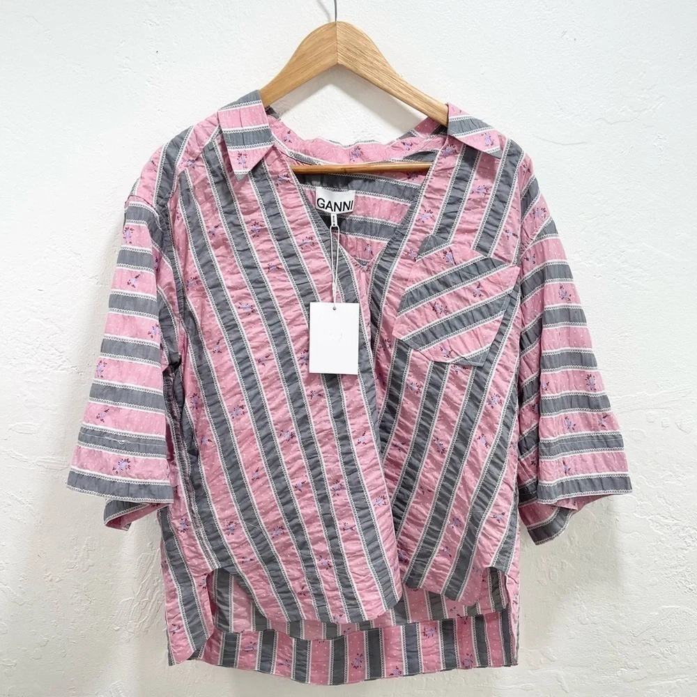 Ganni Oversized Striped Blouse In Pink Nectar Size S/M - Picture 2 of 6